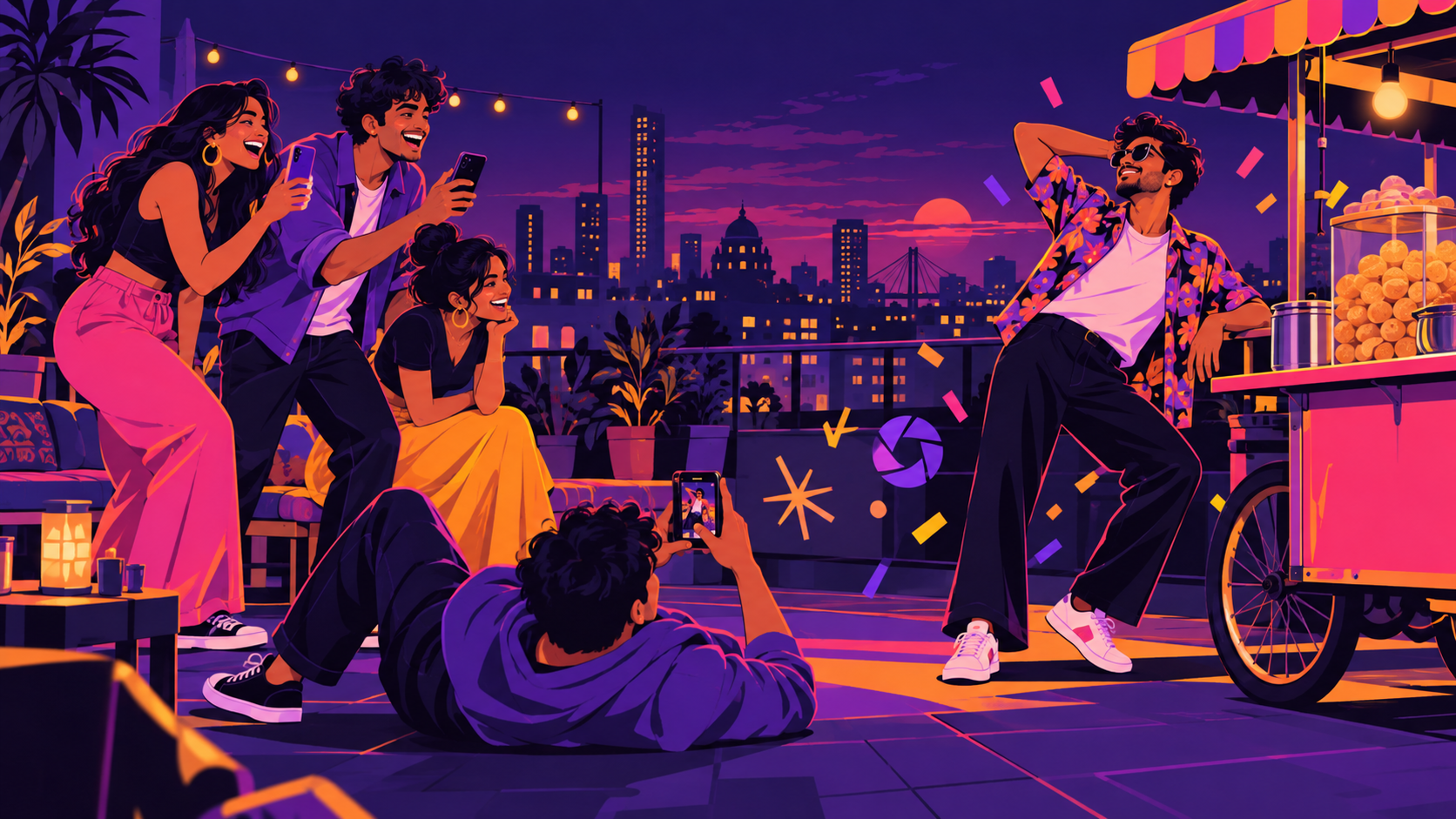 Friends shooting a photo dare on a rooftop at dusk